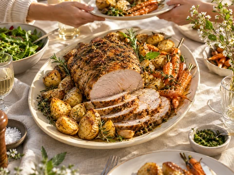 Serviervorschlag für ein gemeinsames Essen mit Schweinefleisch.